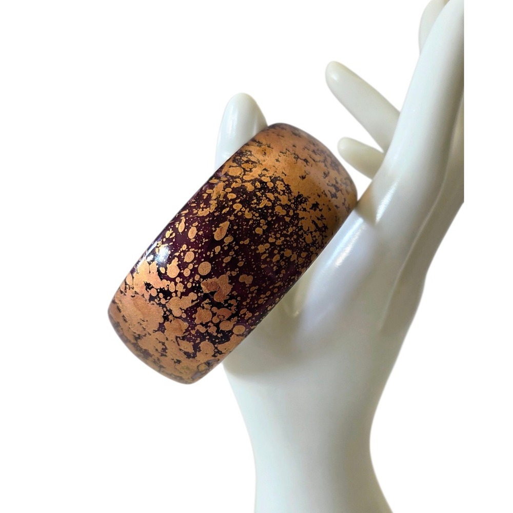 Chunky Wide Bangle Bracelet Plastic Speckled Splatter Vintage 80's Purple Gold